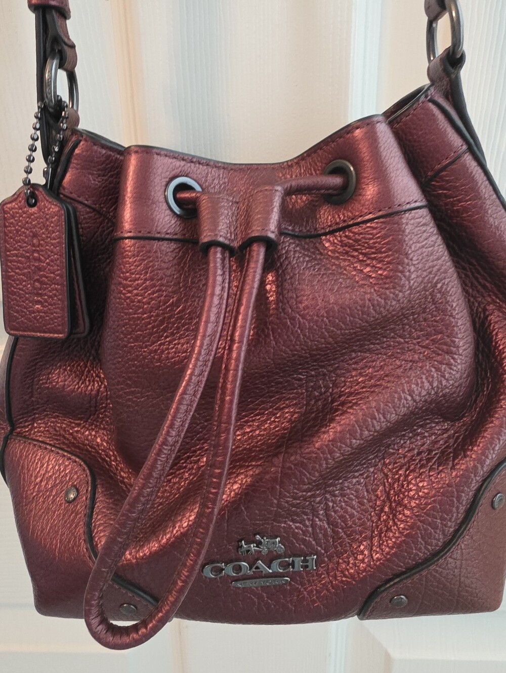 Coach "Baby Mickie" Metallic Garnet Red Drawstring  Bucket Bag